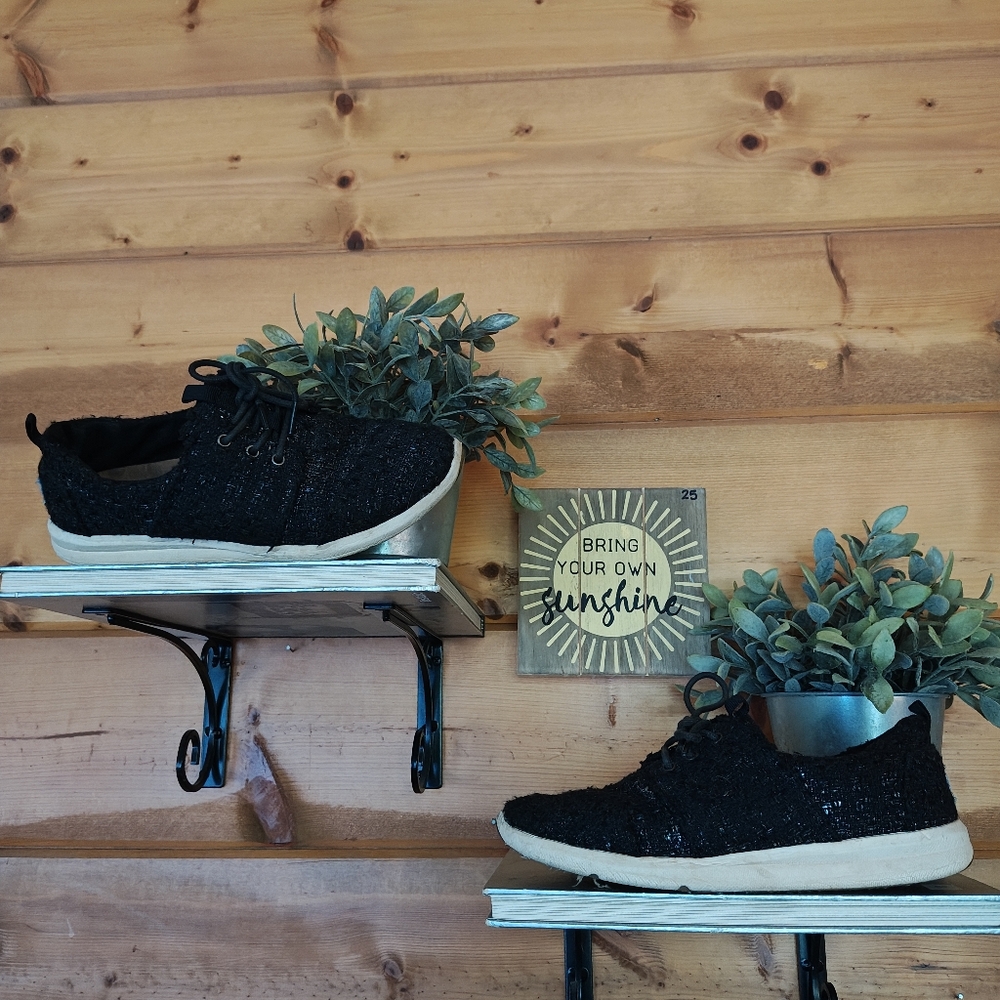 TOMS‎ Del Rey Textured Wool Fashion Sneakers Black Glitter Comfort Casual Sz 6.5